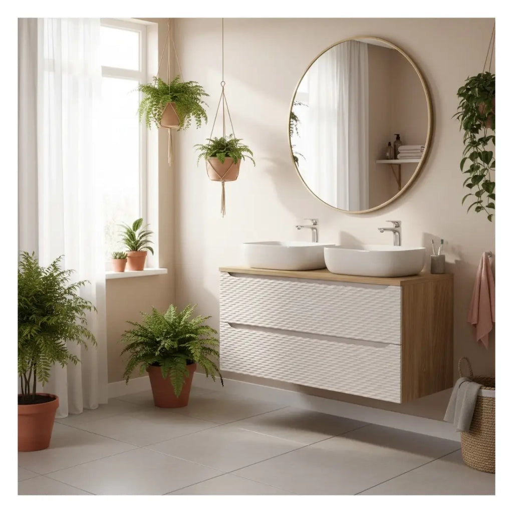 Set da bagno YOKA beige: mobile sotto lavabo con cassetti 120 cm + piano per lavabo + 2 lavabi da appoggio