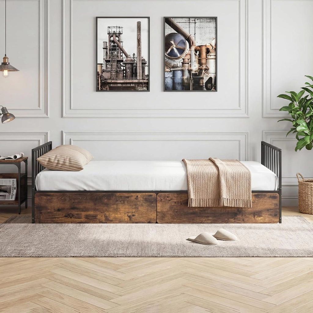 Letto Singolo 90x200 cm, Struttura Letto a Piattaforma Industriale con Testiera Pediera e 2 Cassetti, Doghe in Metallo, Silenzioso