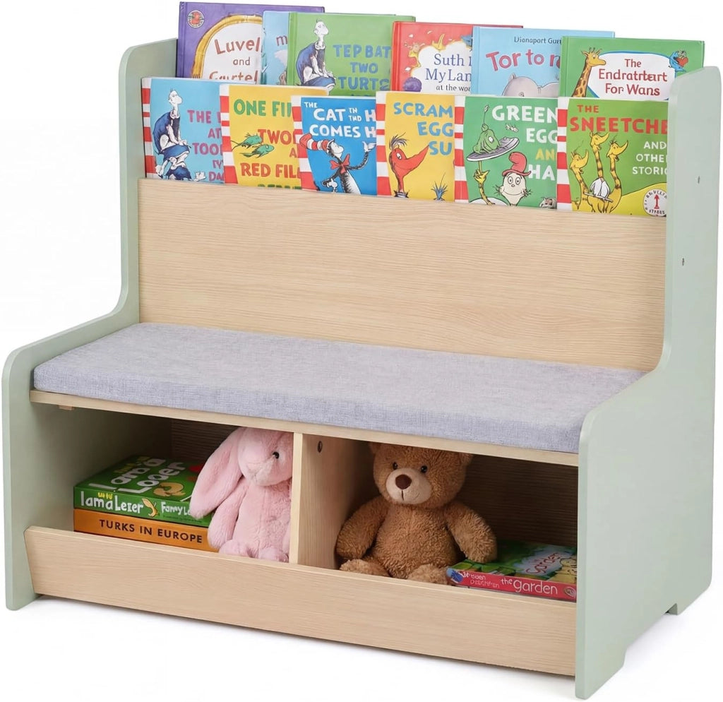Libreria Montessoriana Salvaspazio per Bambini con Panchina Verde | Porta Libri Bambini con Portariviste a 2 Ripiani, 2 Scomparti Aperti e Cuscino Seduta Rimovibile per Cameretta