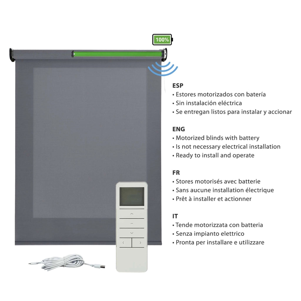 Tende a Rullo Motorizzate Screen Premium con finiture in alluminio Tessuto Tecnico con Motore e Telecomando  Grigio Scuro 80x180 cm