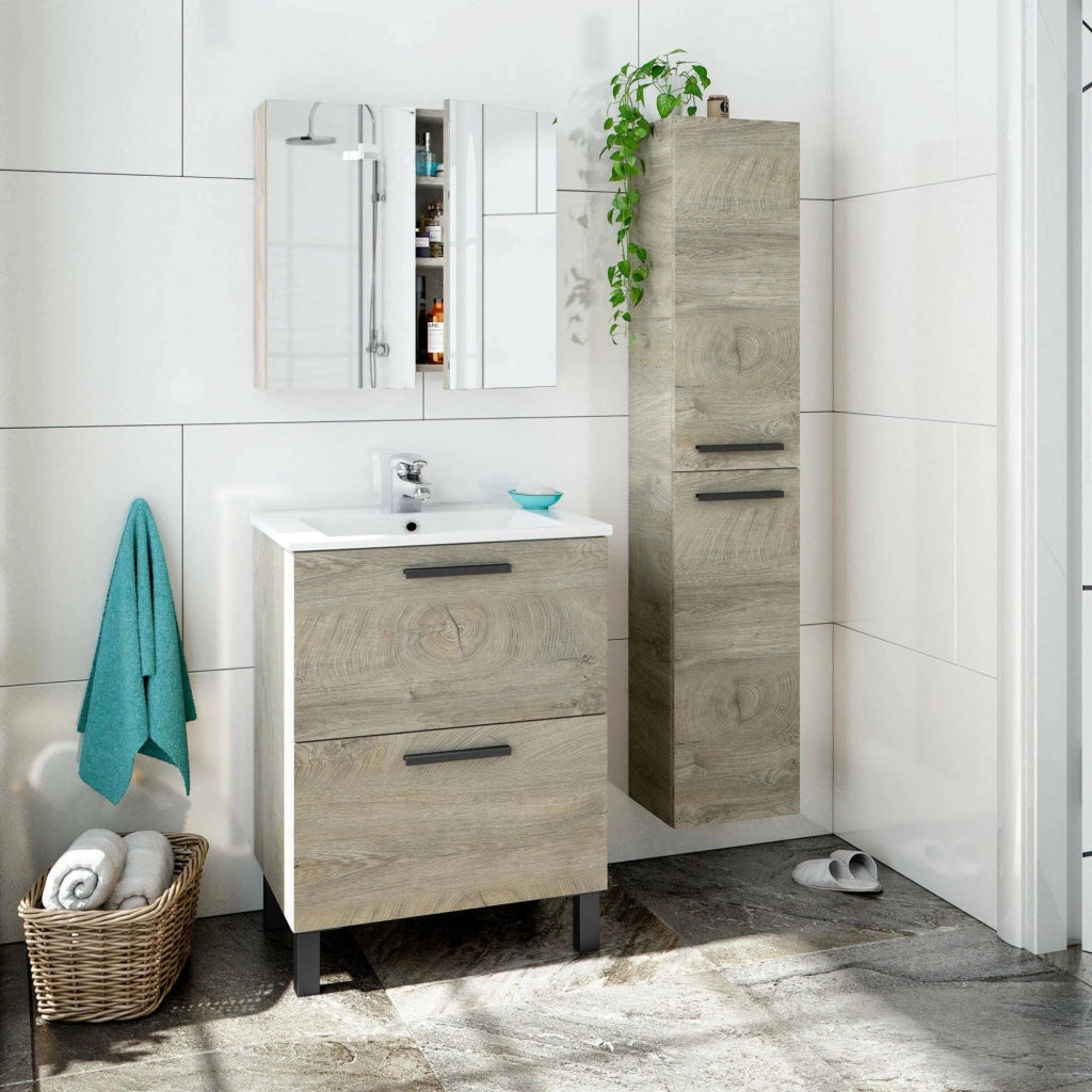 Somaglia, set Mobili Bagno Specchio Incluso, Marrone Rovere