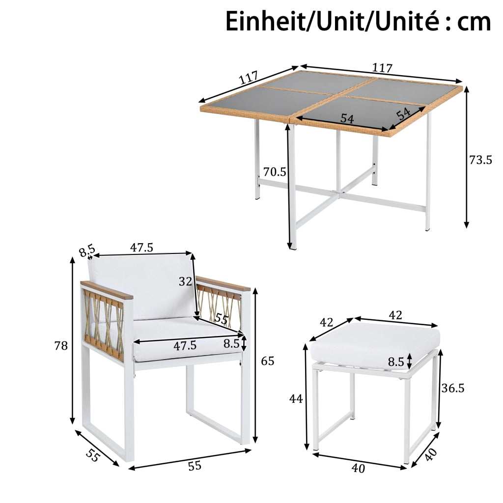 Salotto da Giardino con 1 Tavolo Quadrato; 4 Poltrone e 2 Poggiapiedi; per 6 persone; Legno di Acacia; Rattan e Metallo; Naturale e Bianco
