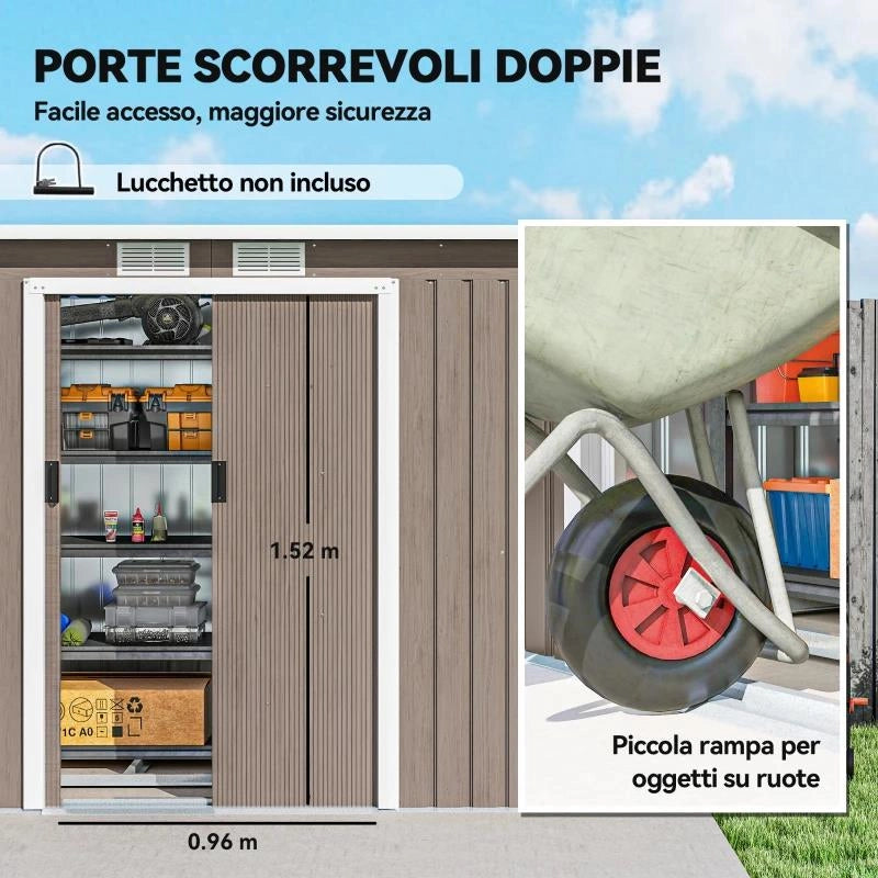 RIPOSTIGLIO DA GIARDINO IN ACCIAIO CON 2 PRESE D'ARIA E 2 PORTE SCORREVOLI, 280X130X172 CM, MARRONE LEGNO