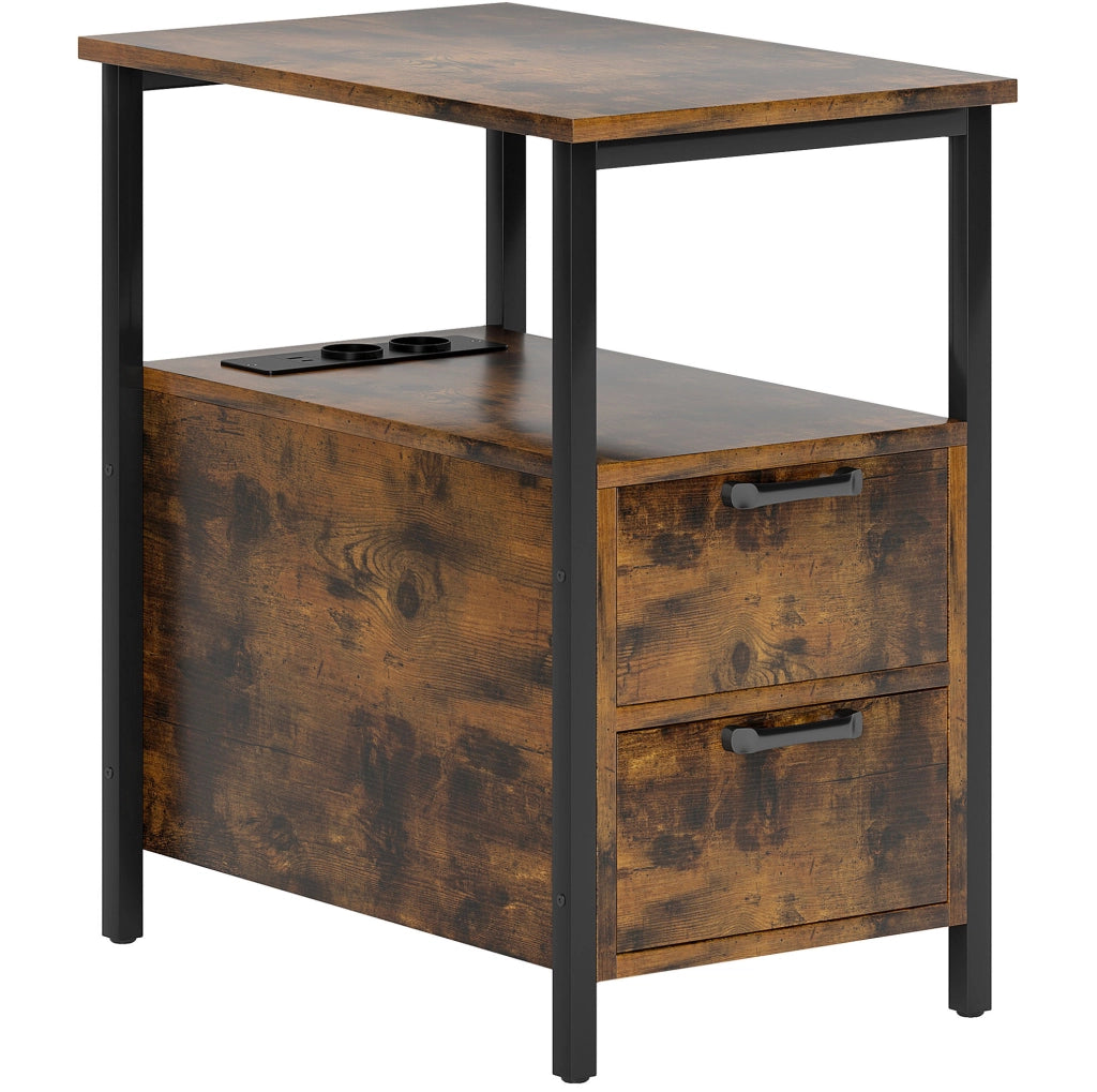 Tavolino laterale 55x35x58.5 cm con prese integrate; 2 cassetti e ripiano aperto in legno marrone