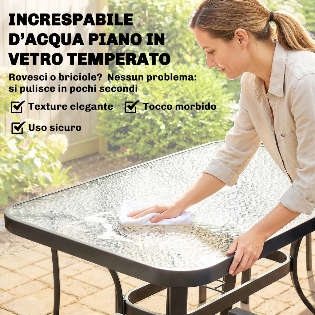 Set 5 Pezzi da Giardino con 4 Sedie Impilabili e Tavolo in Vetro Temperato con Foro per Ombrellone in Texteline Grigio