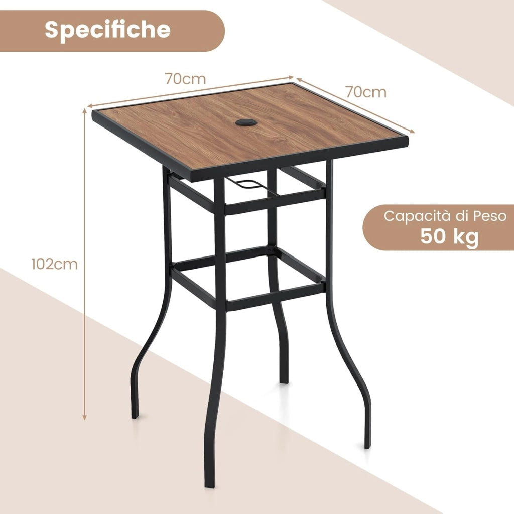 Tavolino da Giardino da 70 cm, Tavolino Quadrato con Piano in Finta Legno, con Foro per Ombrellone da 39 mm, Telaio Metallico, Tavolo Alto da Bistro, Portata 50 kg, 70 x 70 x 102 cm