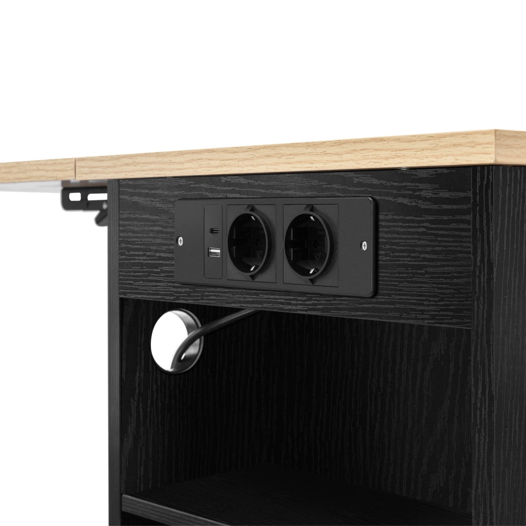Isola Cucina Mobile Nera con Piano Estensibile 120 cm; Porta Rifiuti; Prese USB; Ruote e Ripiani Regolabili