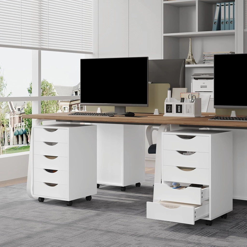 Scrivania a Piedistallo con 5 Cassetti, Schedario Rotante, Comodino, Mobile per Ufficio, Camera da Letto, in Legno Ingegnerizzato PB, Bianco, 40x40x66,5cm, ASK14ws