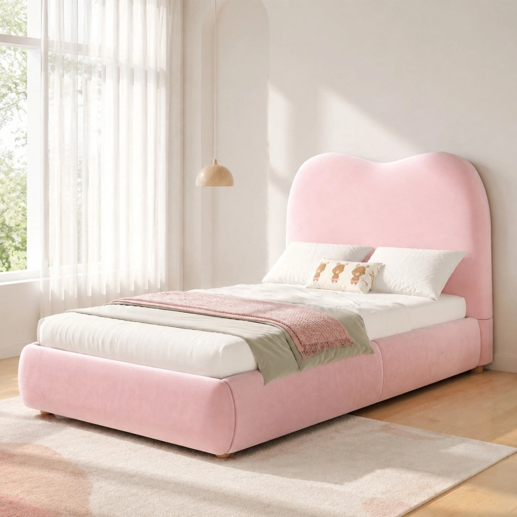 Letto imbottito per bambini in velluto rosa con contenitore idraulico e rete a doghe