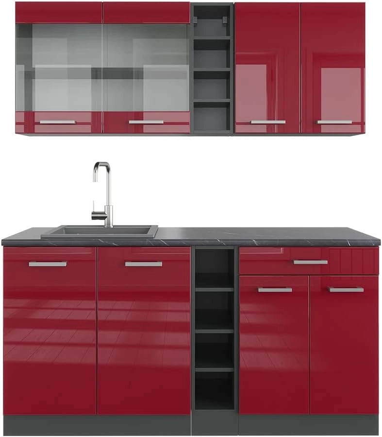 Cucina completa R-Line, Rosso lucido/antracite, 160 cm, PL Antracite, adatto per l'espansione individuale con moduli aggiuntivi