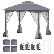 Tetto morbido a doppio strato con 4 sacchi di sabbia con cerniera, Gazebo da patio 3x3 M con pareti in rete Grigio-Gazebo