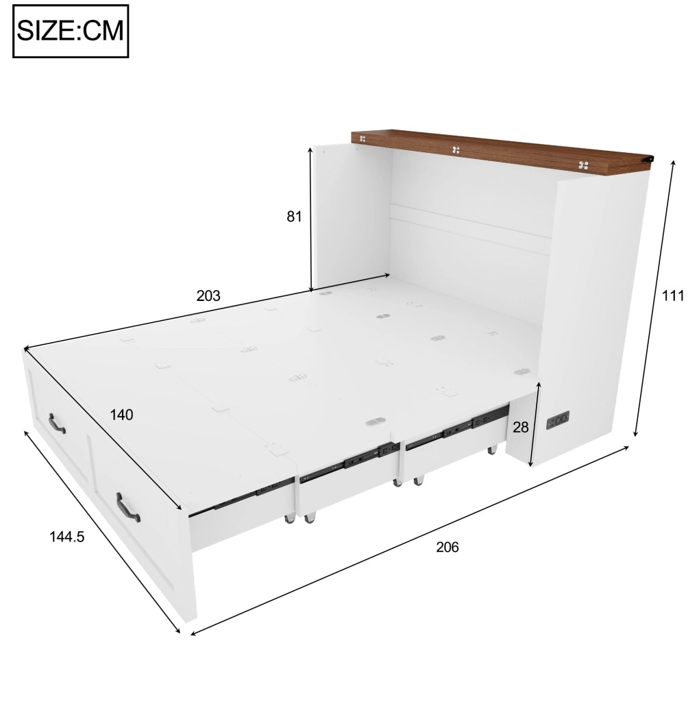 Letto a scomparsa pieghevole 140x200 cm in legno e metallo; bianco; con presa elettrica