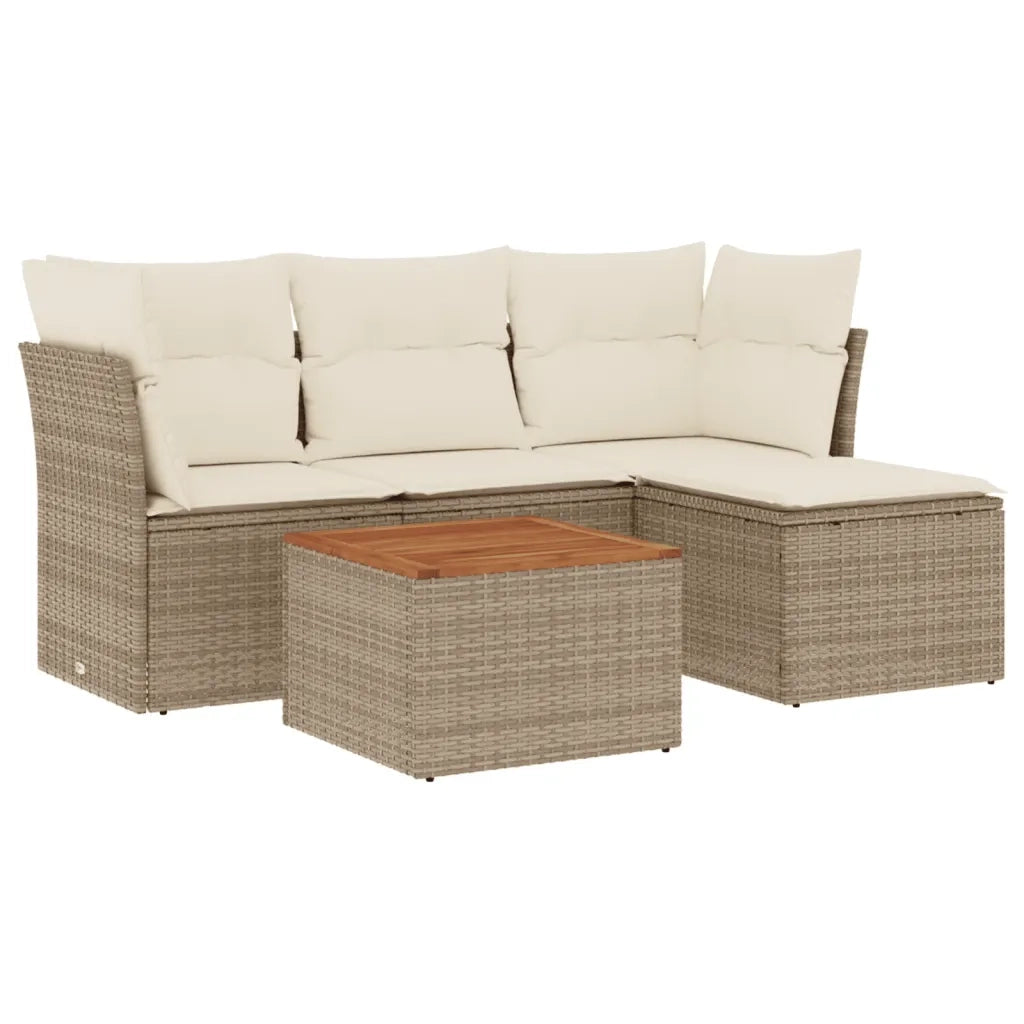 Set Divano da Giardino 5 pz con Cuscini Beige in Polyrattan