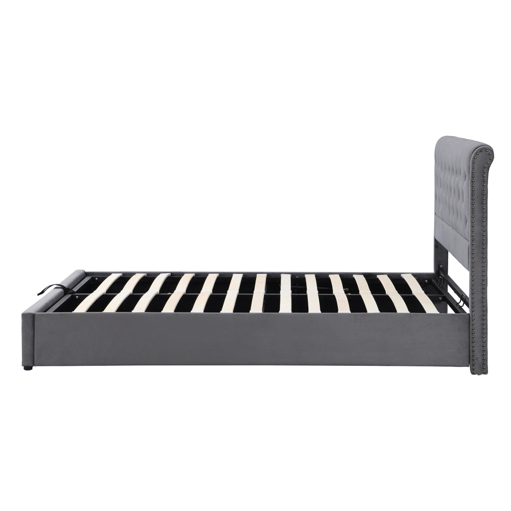 OKWISH Letto Contenitore 140×200 cm, Letto Matrimoniale con Contenitore, Testiera Imbottita e Borchie Decorative, senza Materasso, Velluto, Grigio