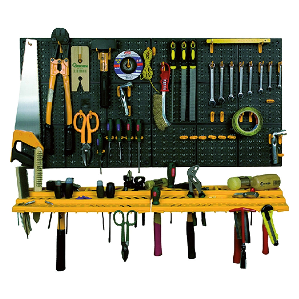 Set pannelli portautensili da parete con mensole e 50 ganci in polipropilene colore nero Artplast