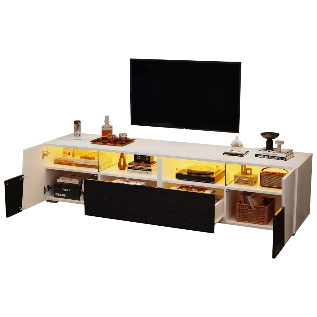 Mobile porta tv con led 2 ante 2 cassetti 4 vani aperti per soggiorno in mdf e vetro bianco e nero 180 × 38,5 × 45 cm