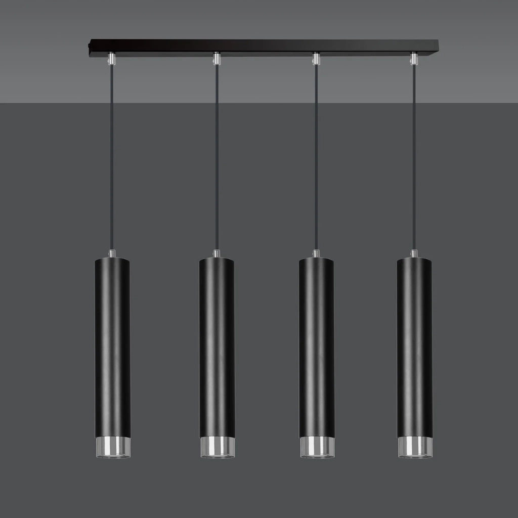 Lampadario 4 Luci Brunilde In Acciaio Nero E Tubolari In Nero E Cromo