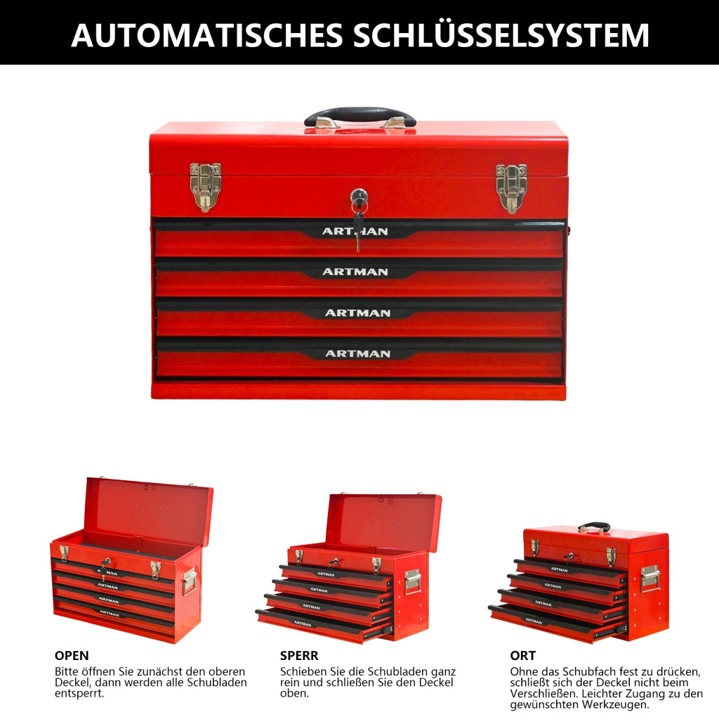 Baule da giardino in acciaio con 3 cassetti e vassoio superiore per officina e garage nero rosso 60 × 29,5 × 42,0 cm