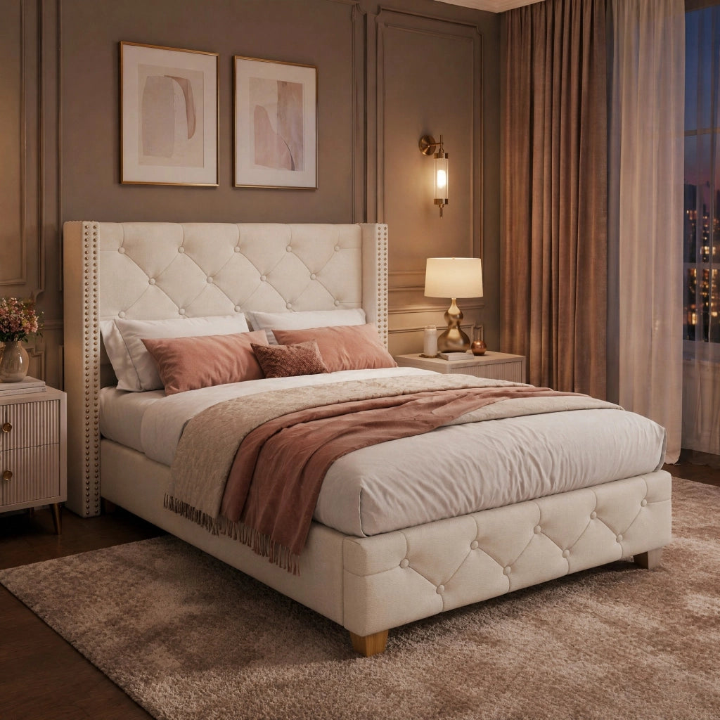 DESMIU Letto singolo 1 posto con testiera imbottita e borchie decorative 90 × 200 cm, senza materasso, beige