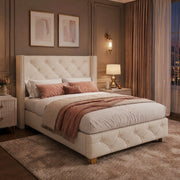 DESMIU Letto singolo 1 posto con testiera imbottita e borchie decorative 90 × 200 cm, senza materasso, beige