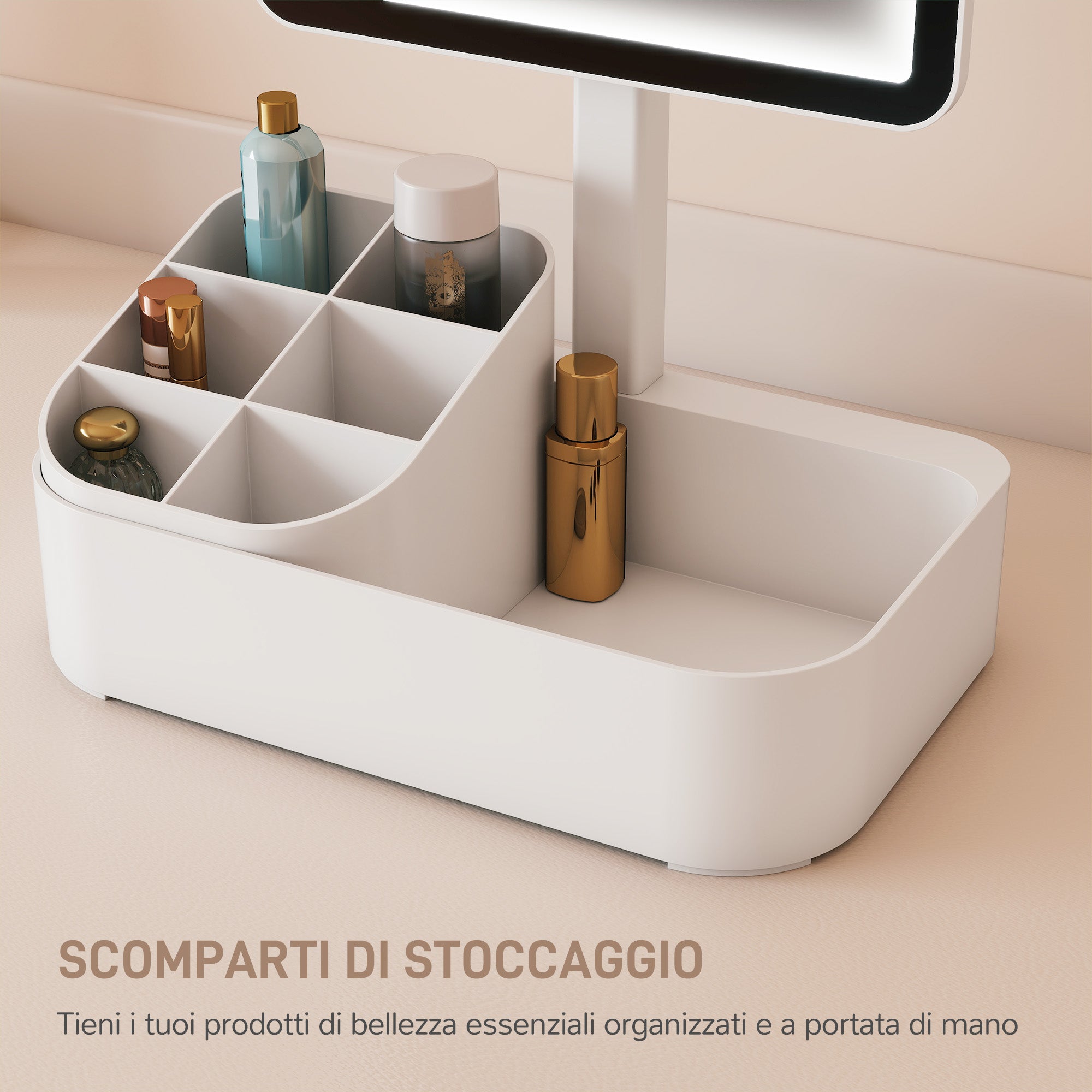 Specchio da Trucco con Luce Regolabile su 2 Livelli Rotazione 180° e Organizer per Trucchi Bianco