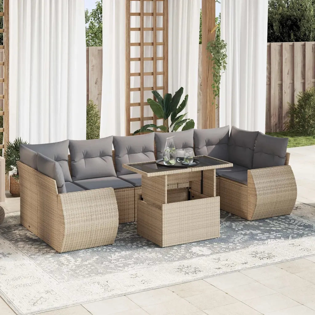 Set Divano da Giardino 8 pz con Cuscini Beige in Polyrattan