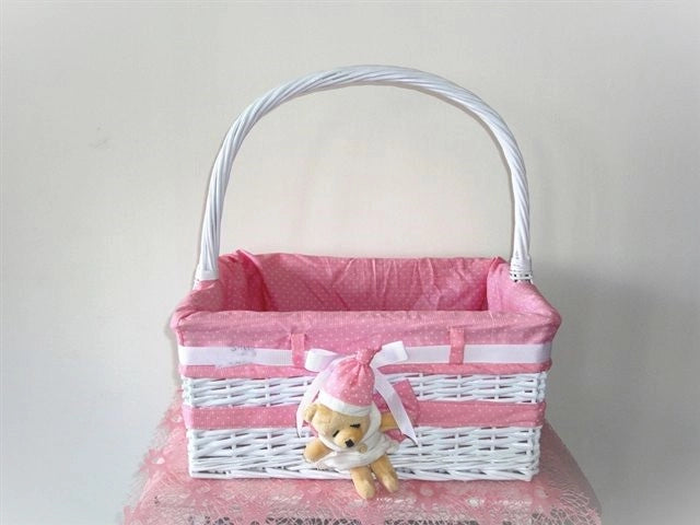 Cesta in vimini con orsetto e manico rosa 41 x 41 cm