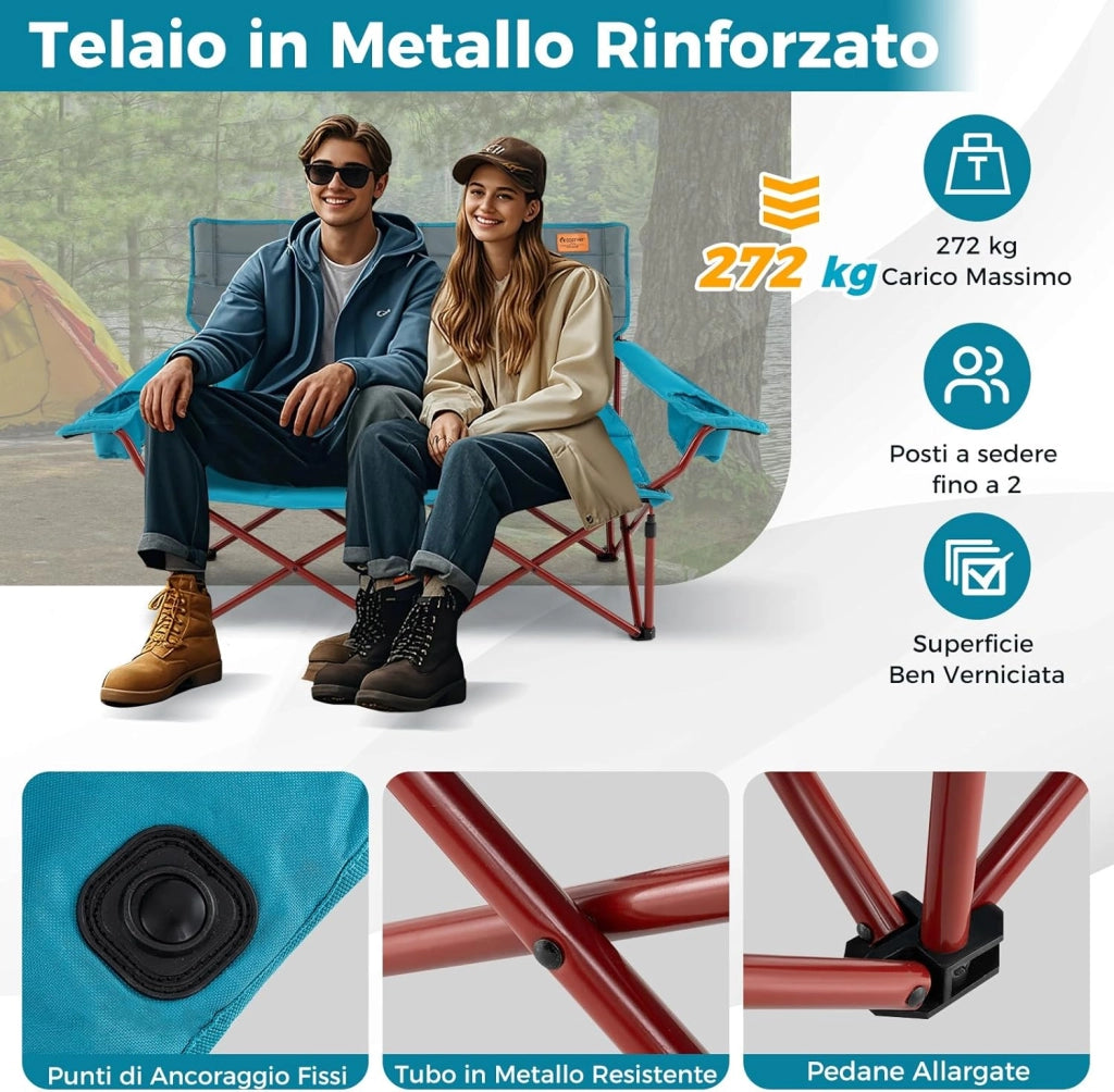 Sedia da Campeggio per 2/3 Persone, Divano per Picnic Pieghevole con Braccioli Regolabili e Portabicchieri, Sedia da Esterno Portatile con Borsa da Trasporto (147 x 69 x 82 cm,Blu)