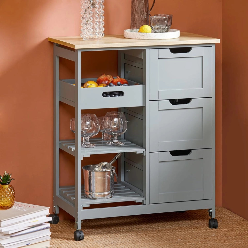 Carrello Cucina con 3 Cassetti e 1 Cestino, Mobiletto Cucina Salvaspazio con 4 Ruote Girevoli, Credenza Cucina o Bagno, Mobiletto Cucina Dispensa, L68 x P38 x A85 cm, grigio,FKW79-HG