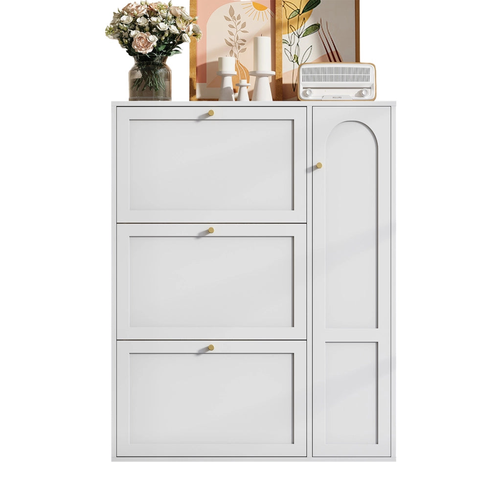Mobile portascarpe stretto a 3 ribalte con 1 anta, design salvaspazio, bianco, 90x25x114 cm