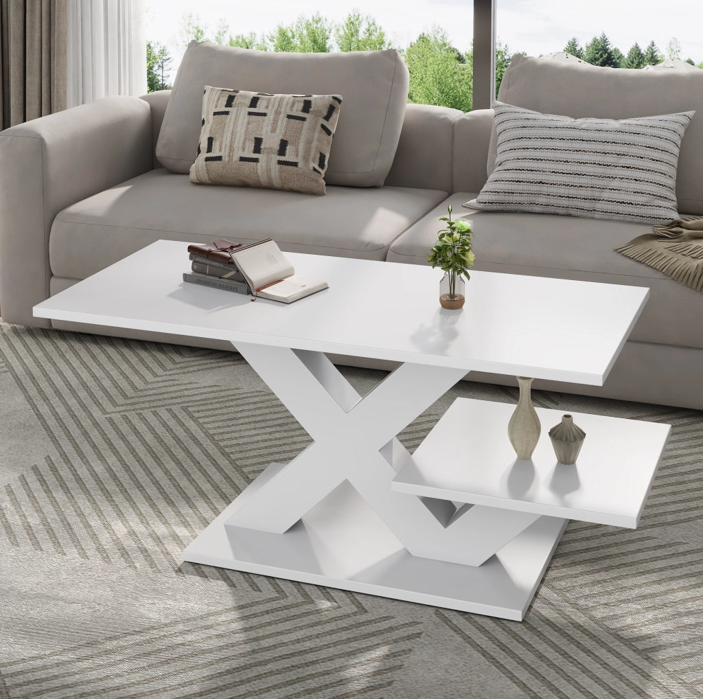 Tavolino da caffè 100x48x45 cm con doppio piano in MDF bianco