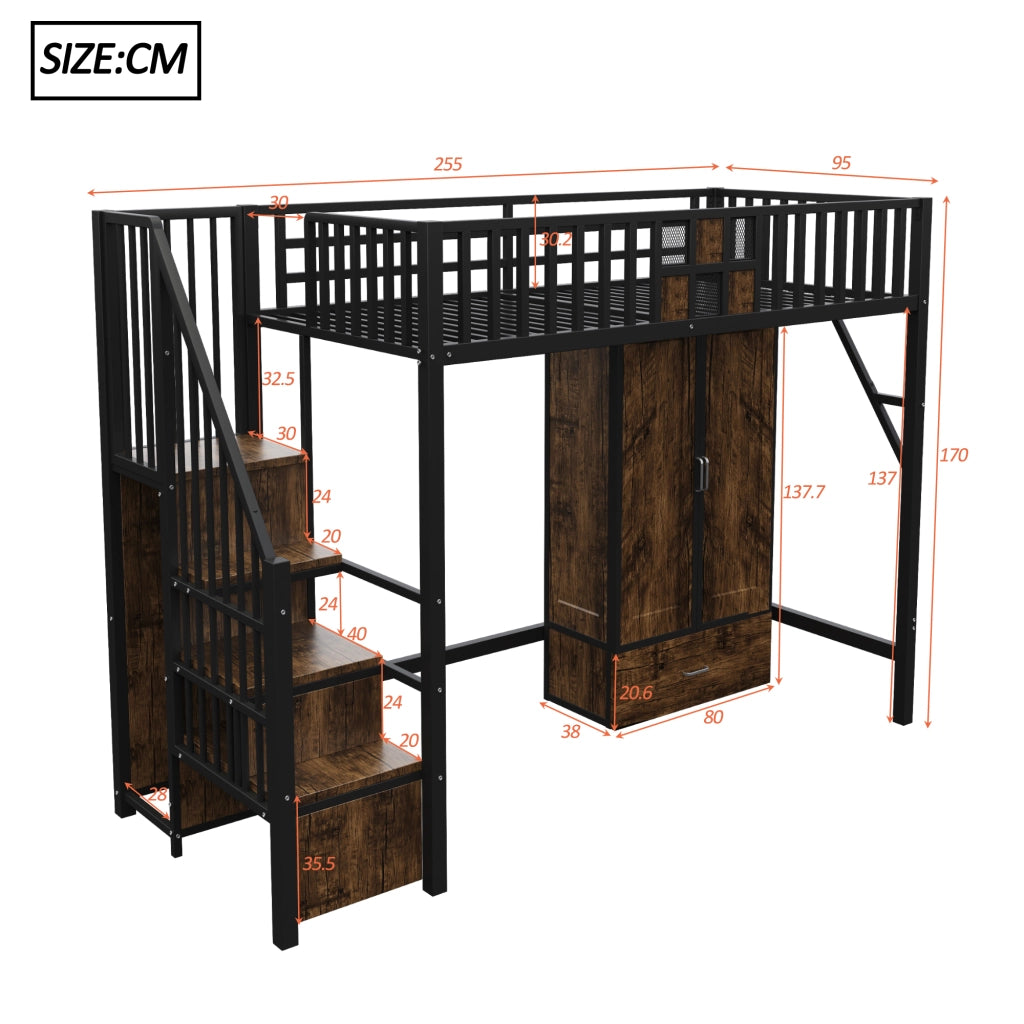 LETTO a soppalco 90x200 cm nero con armadio, cassetto e scaletta contenitore