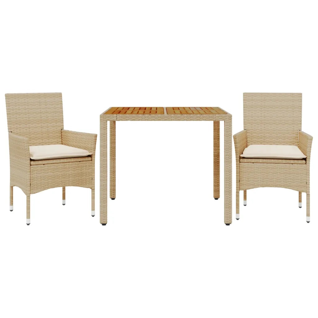 Set Pranzo da Giardino 3 pz | Set Salotto da Giardino con Cuscini Beige Polyrattan Acacia