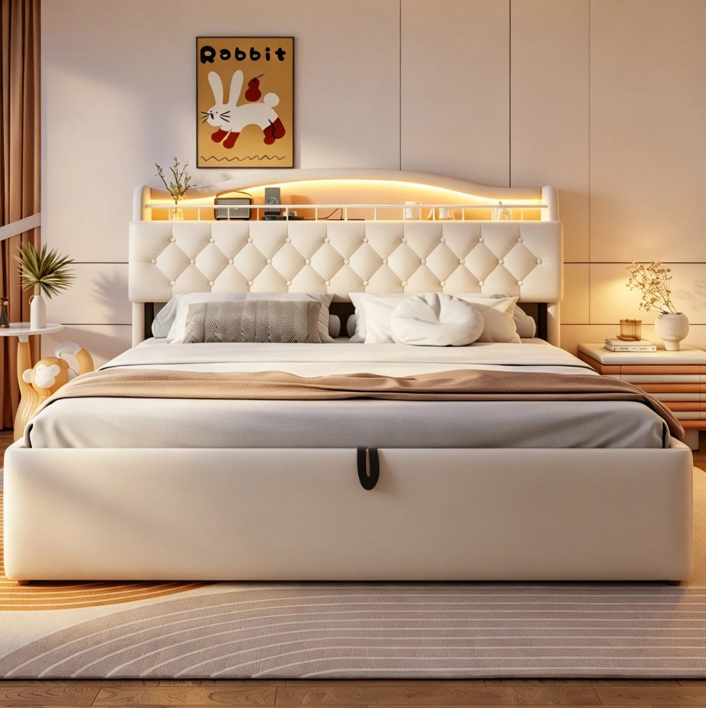 Letto matrimoniale 180x200 cm con contenitore idraulico; LED; USB e USB-C; beige