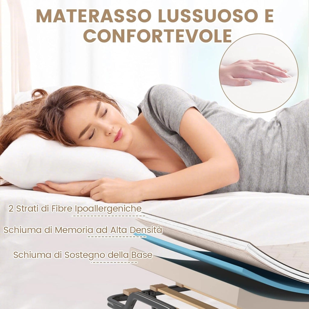 Letto Brandina Pieghevole a Doghe con Materasso in Memory Foam, 200x90 cm, Letto Portatile con 4 Ruote e Struttura Resistente, Carico 130kg, Made in Italy, Onda