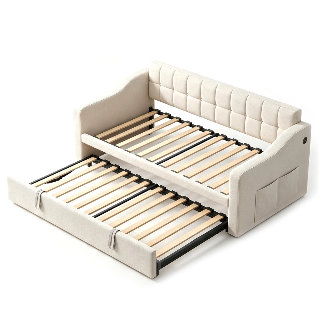 Letto imbottito singolo 90×190 cm estraibile con USB; rete in metallo e legno; senza materasso; beige