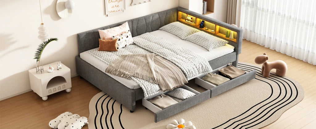 DESMIU Letto a divano 140 × 200 cm 2 posti con USB, Type-C, LED regolabile e 2 cassetti senza materasso, grigio