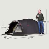 Tenda a Tunnel Impermeabile 330x190x120 cm per 2-4 Persone con Finestre Laterali e Gancio Nero