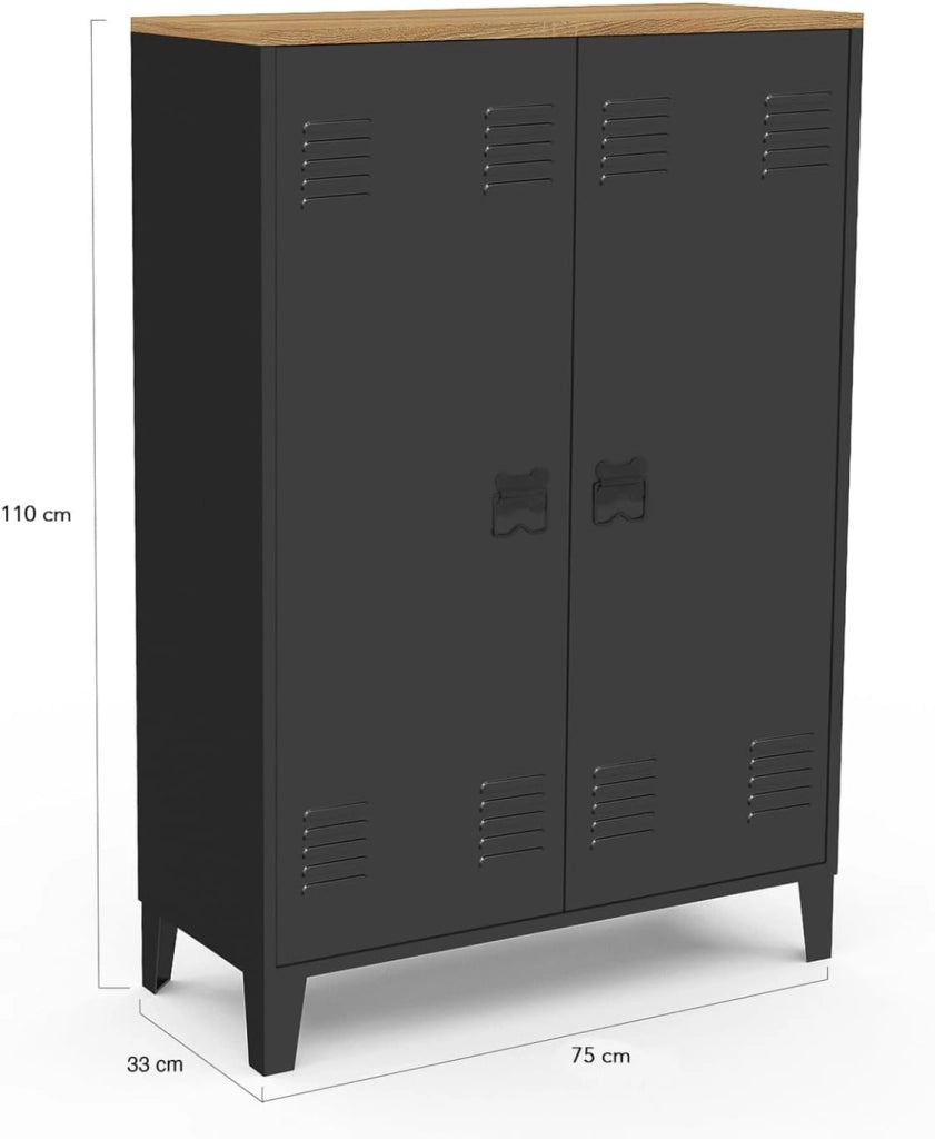 ESTER Armario de 2 puertas de metal negro con tapa de madera de diseño industrial