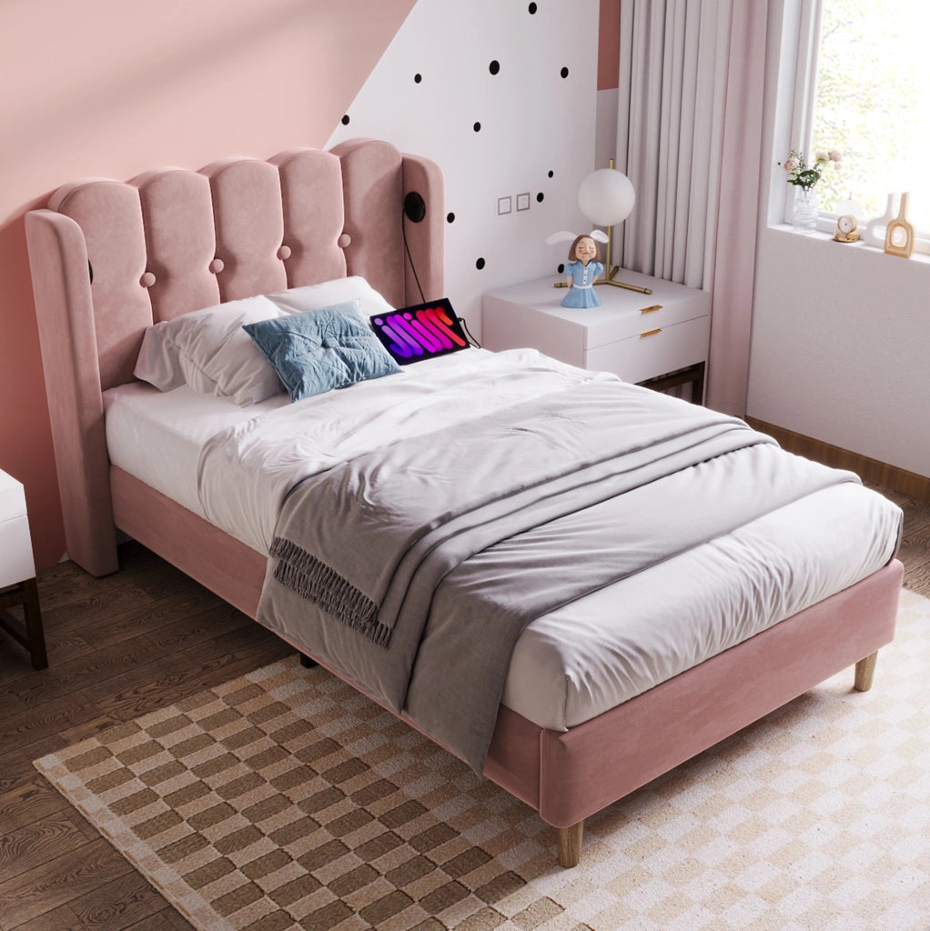 Letto imbottito rosa con ricarica USB e materasso incluso