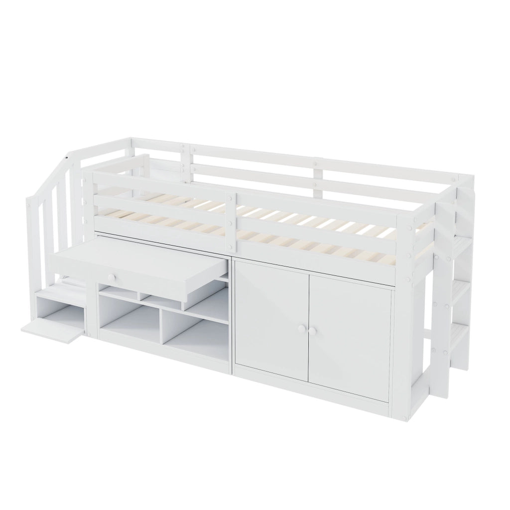 LETTO multifunzionale 90x200 cm in legno bianco con scala e contenitori