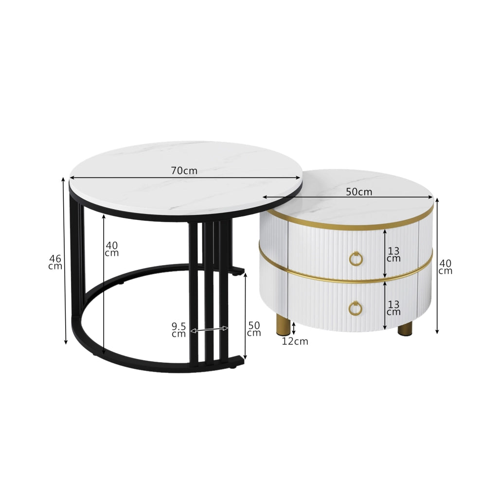 Tavolino da Caff¨¨ Rotondo MDF Set 2 Pezzi con Cassetti ¨C MINIMAL ¨C Bianco Marmo, 70x70x46 + 50x50x40 cm