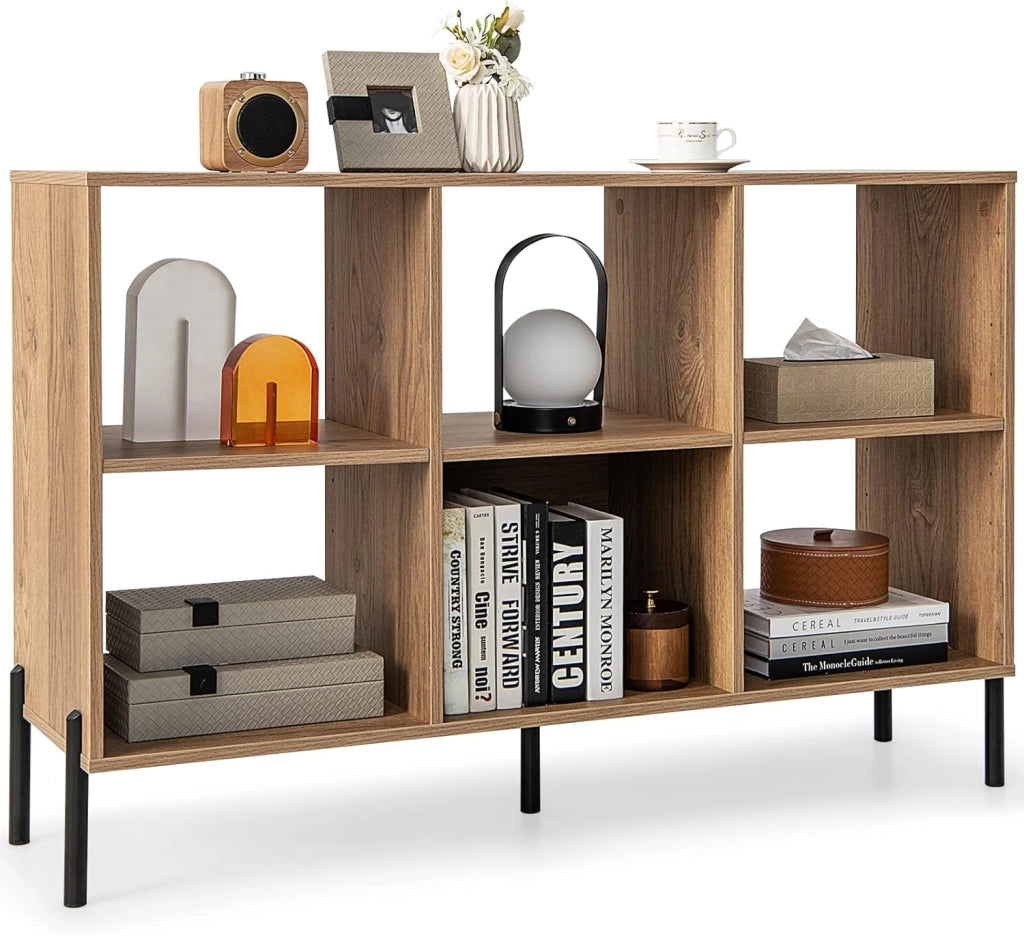 Libreria a 3 livelli, scaffale aperto in legno a 6 cubi con gambe in metallo, mobile indipendente con ripiano regolabile, per studio, soggiorno, ufficio a casa (naturale)
