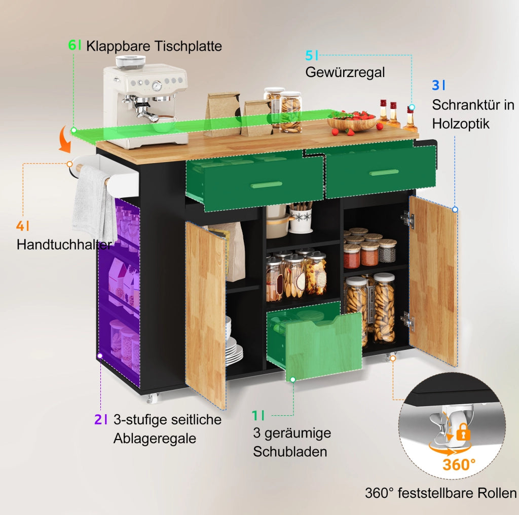 Isola cucina mobile con piano ribaltabile e cassetti