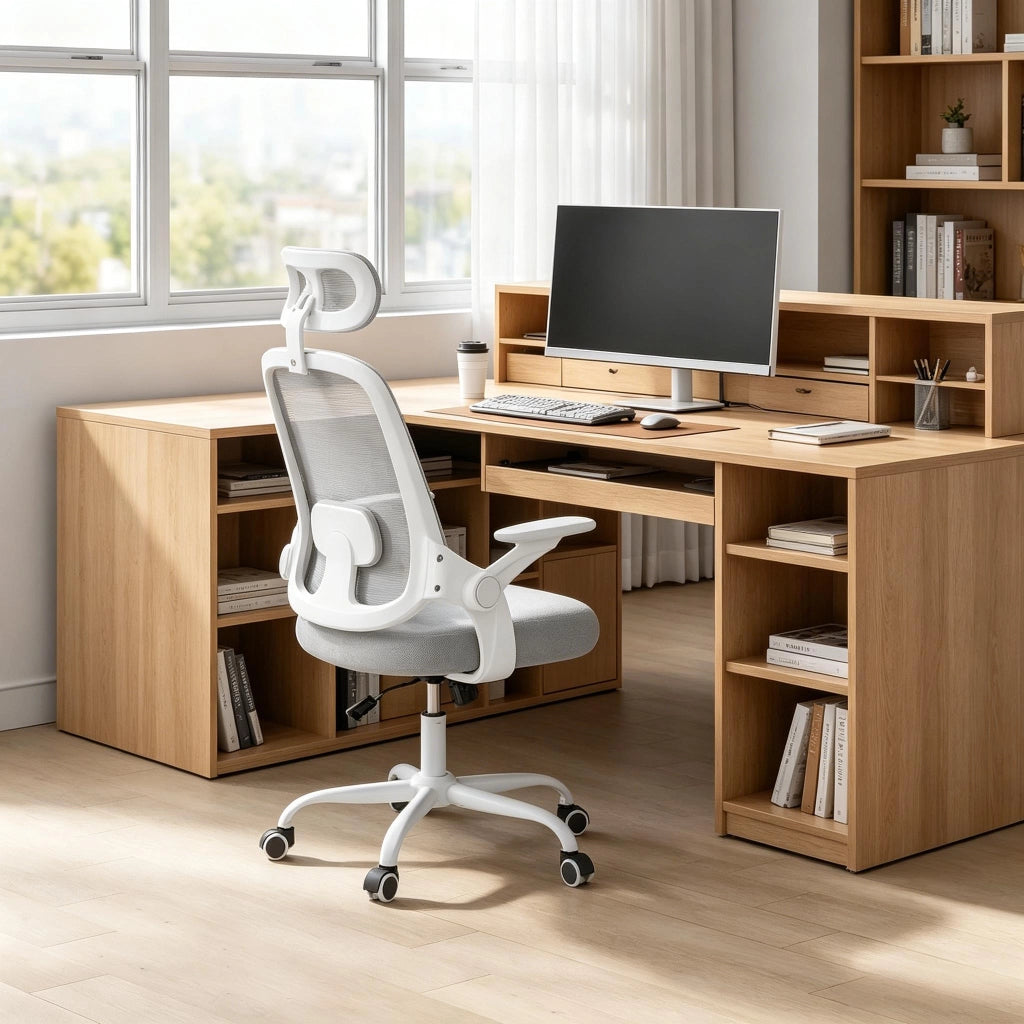 Sedia da ufficio ergonomica con schienale alto e braccioli 3D in rete e metallo grigio chiaro