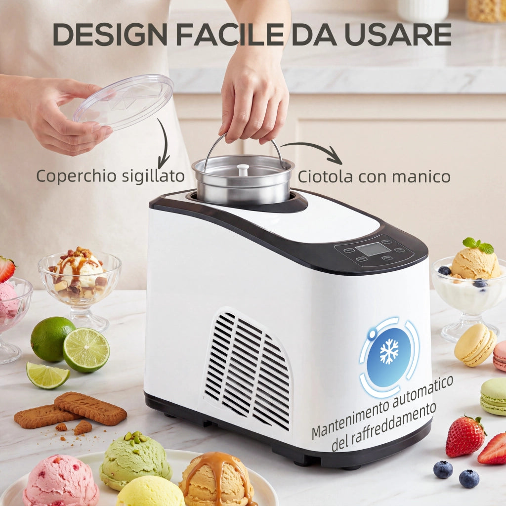 Gelatiera con Compressore Integrato 1,5L Modalità Morbida e Dura Funzione Auto-Mantenimento al Freddo Bianco