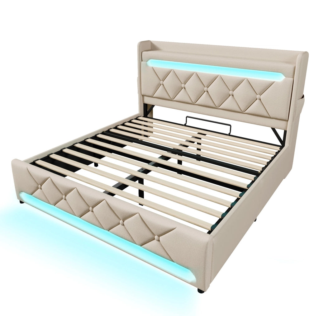 Letto matrimoniale 140x200 cm in lino beige con contenitore idraulico; LED 360掳 e testiera con porte USB e Type-C
