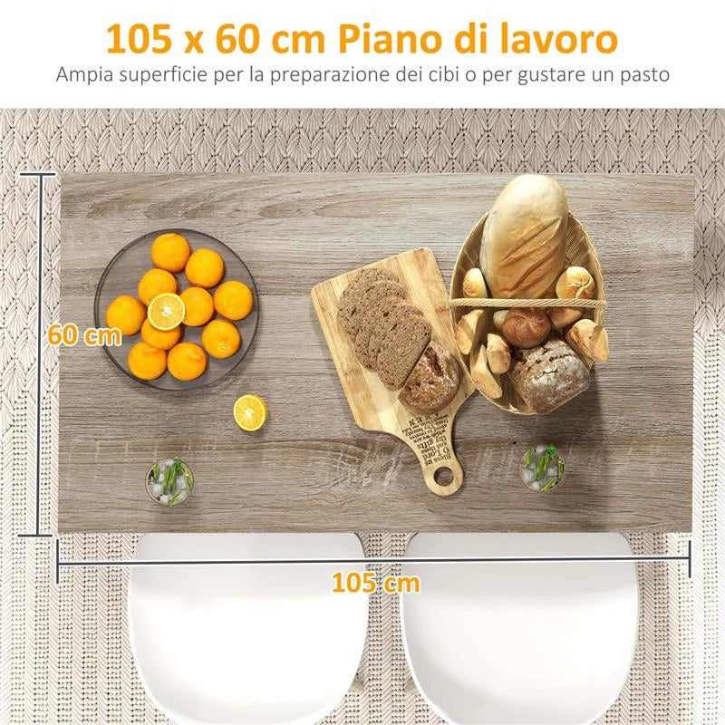 ISOLA PER CUCINA CON 2 RIPIANI APERTI E 2 ARMADIETTI, IN MDF, 105X60X82 CM, COLOR ROVERE E NERO
