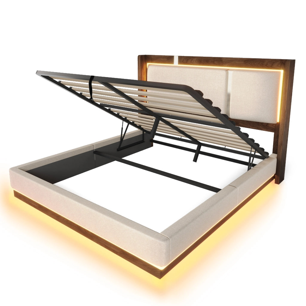 Letto imbottito 140x200 con LED integrato e vano contenitore
