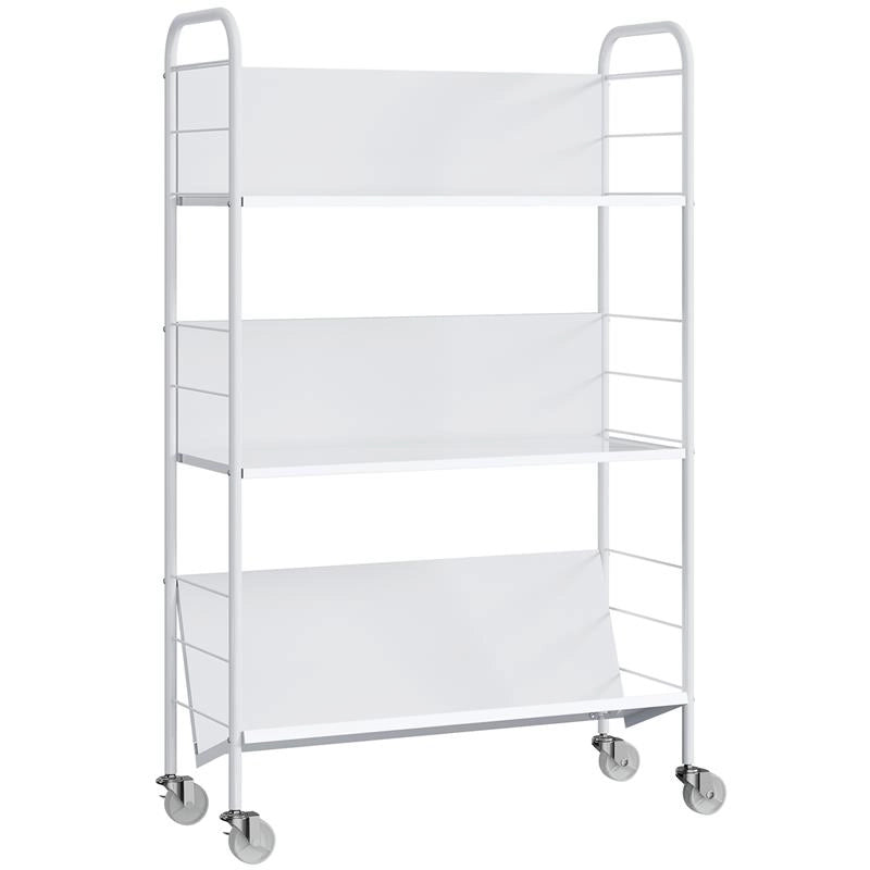 CARRELLO PORTALIBRI MODERNO A 3 LIVELLI CON RUOTE GIREVOLI PER LIBRI E RIVISTE, 69X26X108 CM, BIANCO